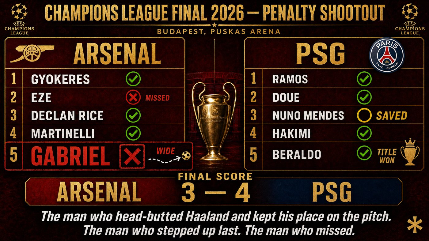 Champions League Final 2026 penalty shootout scorecard — Arsenal 3-4 PSG, Gabriel misses
